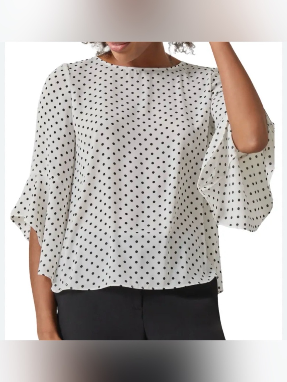 Polka Dot Ruffle-Sleeve Blouse - White/Black